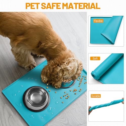 Hubulk Dog Feeding Mat,100% Waterproof Food Grade Silicone Pet Food and Water Bowl Placemat,Dishwasher, High Raised Edge to Prevent Spills,Nonslip Tray to Stop Messes on Floor（28"x18"x0.8", Green） - color: Green(Teal), size: 28"l X 18"w