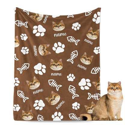 Personalized Cat Face Blanket with Paw Bones, Custom Pet Memorial Blankets, Personalized Cats Blankets with Name Face, Customized Throw Blanket Gifts for Pet Lovers Cat Dad Mom - color: Design11