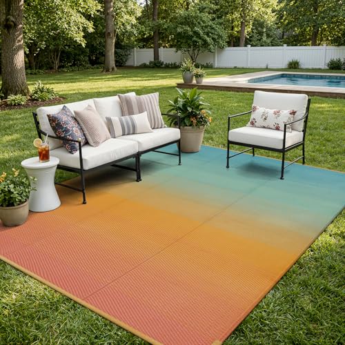 Lahome Extra Large Outdoor Rug 8x10 Patio Waterproof,Reversible Camping Rugs Plastic Straw Rv Mats for Outside Under Awning,Portable Lightweight Carpet for Backyard, Blue-Orange 8x10 - color: Orange Blue-sunrise, size: 8' x 10' (Rectangular)