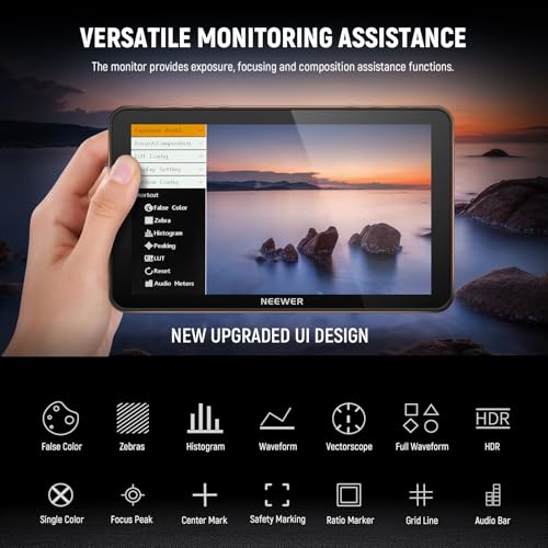 NEEWER F700 7" Camera Field Monitor, 2000nit HD 1920x1080 IPS Touch Screen with 3D LUT, 4K HDMI Loop in/Out with Peak Focus DSLR Video Assist HDR Waveform, Cold Shoe Mount, 2 NP-F750 Batteries & Cable