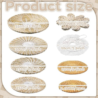 11 Pcs Boho Hanging Wall Basket Decor Handmade Woven Basket Wall Decorative Boho Wicker Baskets Placemats Round Farmhouse Bulrush Art for Rustic Home Decorations Christmas Gift(Fresh) - style: Fresh