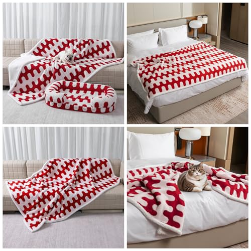 Waterproof 85x85in Pet Blanket Red Stylish Jacquard Sharpa Fleece Dog Blankets for King Size Bed Couch Sofa Covers Furniture Protection Washable Reversible Covers (Red Wave,XXL) - color: Red Wave, size: XXL-216*216cm(85*85in)