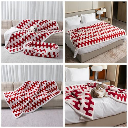 Waterproof 85x85in Pet Blanket Red Stylish Jacquard Sharpa Fleece Dog Blankets for King Size Bed Couch Sofa Covers Furniture Protection Washable Reversible Covers (Red Wave,XXL) - color: Red Wave, size: XXL-216*216cm(85*85in)