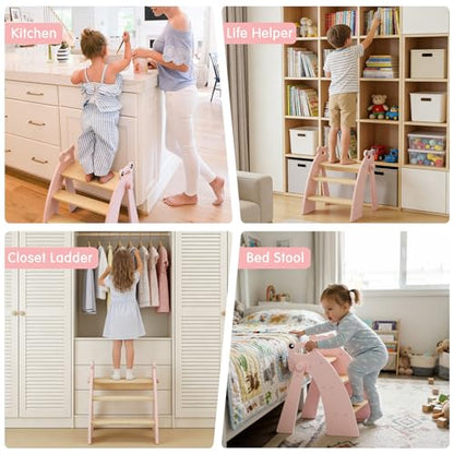 Wooden 3 Step Stool for Kids Bathroom Sink Foldable Anti-Slip, Child Stepping Stool for Kitchen Nursery Bedroom, Sturdy Non Slip Adult Stool for Closet - color: Pink Frog