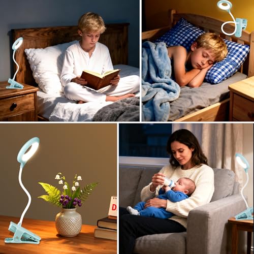 Akynite Desk Lamp LED Clip on Light, 5 Modes 5 Brightness Dimmable Clamp Light, Rechargeable Battery Flexible Clip on Reading Lamp for Bed Headboard Bunk Bed at Night for Kids (Blue) - color: Blue