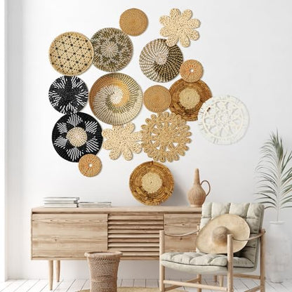 Xuhal 15 Pcs Boho Wall Basket Decor Handcrafted Seagrass Woven Wall Basket Rustic Round Woven Hanging Art for Home Farmhouse Kitchen Table Living Room(Stylish Style) - style: Stylish Style