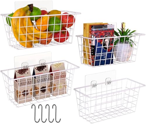MaraFansie Wall Wire Baskets Adhesive Basket Hanging Kitchen Baskets No Drilling for Cabinet & Pantry Organization and Kitchen, Bathroom, Bedroom Storage, 4 Pack, White - color: WHITE, size: 4 PACK