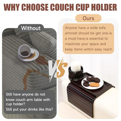 SINWANT Couch Cup Holder Tray, 2 in 1 Bamboo Couch Armrest Table Clip on Sofa Armrest Table,Foldable Anti Silp Arm Rest Side Tray for Drink Coffee Mug, Snacks, Remote - color: Black Walnut