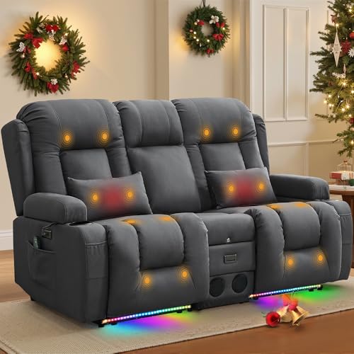 TUNYI Power Loveseat Recliner Sofa with Massage & Heat Home Theater Seating with Console RV Recliner Loveseat Sofa with USB/Storage/Side Pocket/LED Light/Speaker (Dark Grey, Loveseat) - color: Dark Grey, size: 2 Seat