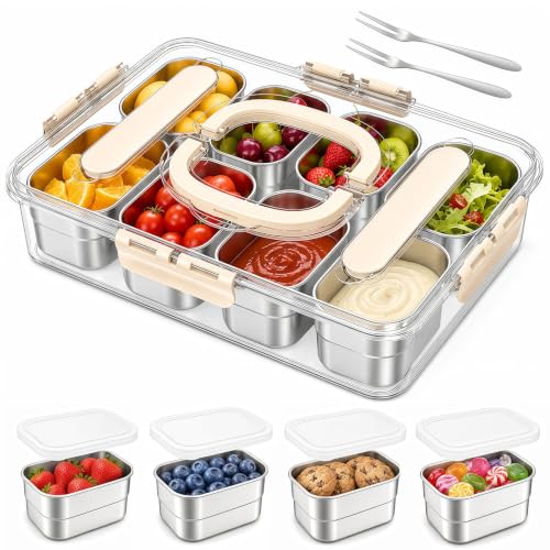 Snackle Box Container, 304 Stainless Steel Snack Box, Snacklebox for Fruit, Snackle Box with Individual Lids and 2 forks, 8 Compartment Stainless Steel Snack Containers for Party, Beach, Travel - color: Silver Gray