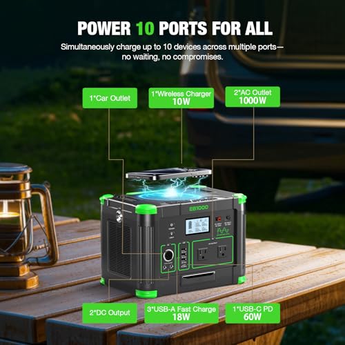 Portable Power Station 1000W, 999Wh Solar Generator, Pure Sine Wave AC Outlet with PD 60W USB-C Fast Charging, Outdoor Camping RV Van Home Backup Off-Grid Living - color: Green & Black