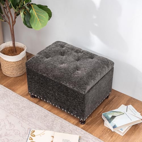 Joveco Storage Ottoman Bench, Rectangle 24" Velvet Foot Rest Stool Square Footstool for Living Room, Bedroom, Charcoal Grey - color: Charcoal Grey