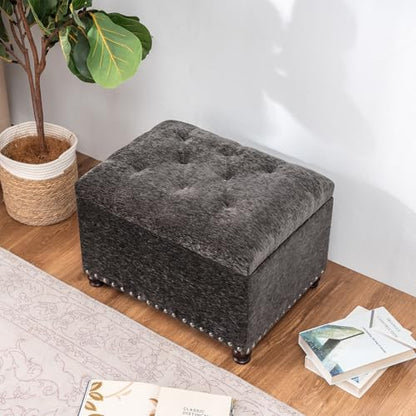 Joveco Storage Ottoman Bench, Rectangle 24" Velvet Foot Rest Stool Square Footstool for Living Room, Bedroom, Charcoal Grey - color: Charcoal Grey