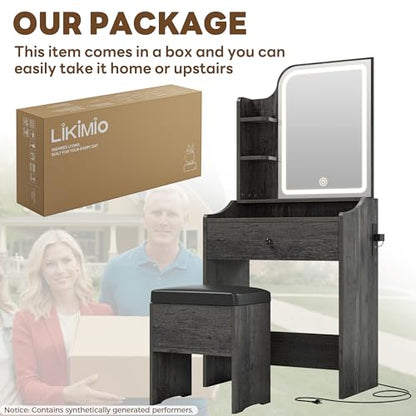 LIKIMIO Small Makeup Vanity Desk with Mirror and Lights, Vanity Table Set with Storage Drawer, Chair and Three Shelves, Bedroom, Charcoal Grey - color: Charcoal Grey