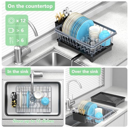 LEMIKKLE Sink Dish Drying Rack - Expandable Small Dish Rack Over Sinks with Drying Tray, Dish Drainer for Kitchen Counter with Cutlery Holder, Drying Rack Fit for 14’’-19’’ Kitchen Sink - color: Gray + Expandable Rack