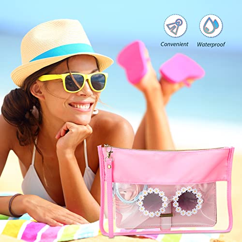 Sanwuta 3 Pcs Sunscreen Bag Clear Flat Zipper Pouch, Summer PVC Waterproof Zipper Makeup Bag, Chenille Letter Snack Travel Cosmetic Tote Pouch Set for Beach Women Teacher Gifts(Pink, Green, Blue) - color: Pink, Green, Blue