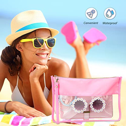 Sanwuta 3 Pcs Sunscreen Bag Clear Flat Zipper Pouch, Summer PVC Waterproof Zipper Makeup Bag, Chenille Letter Snack Travel Cosmetic Tote Pouch Set for Beach Women Teacher Gifts(Pink, Green, Blue) - color: Pink, Green, Blue