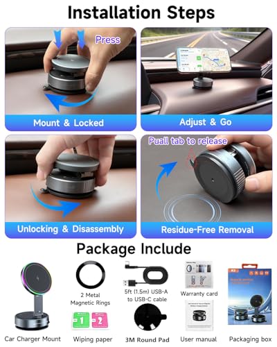 for Magsafe Car Mount Charger, 15W Fast Charging Wireless Car Charger [120LBS Suction &3800gf Magnet] 780° Adjustable, Vacuum Magnetic Phone Holder for Your Car for iPhone & Android, Metal Stand Rotor