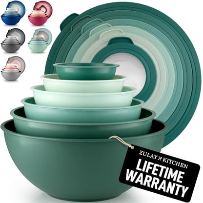 Zulay Kitchen 12-Piece Plastic Mixing Bowl Set - Colorful Nesting Bowls with Lids - Microwave & Freezer Safe (Teal Ombre) - color: Teal