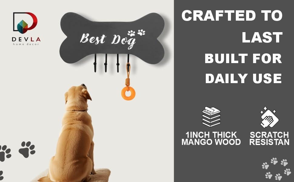 DEVLA Farmhouse Key Holder for Wall - Decorative Dog Leash Hanger and Coat Rack Wall Mount with 4 Unique Hooks - Dog Accessories Organizer for Rustic Home Decor (White)