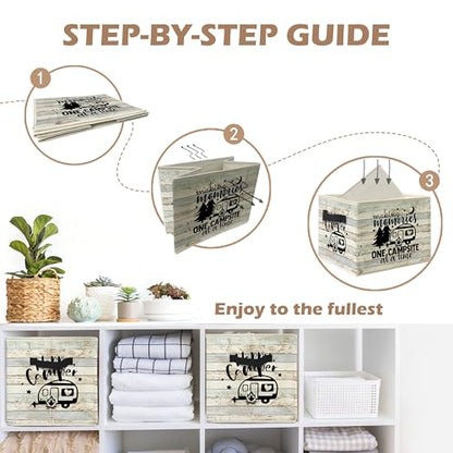 Rustic Camping Camper Storage Bin Box with Handles, Making Memories One Campsite at a Time Foldable Linen Fabric Laundry Basket for Home Bedroom Bathroom Clothes Toys Books - color: black