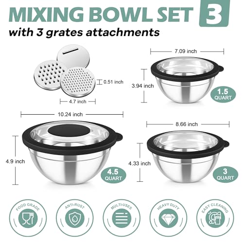 TeamFar Mixing Bowls, 3PCS Stainless Steel Serving Salad Bowls with Lids & 3 Graters, For Kitchen Mixing/Baking/Storing/Prepping, Visible & Airtight, Easy Clean - 4.5/3 / 1.5 QT, Black - color: Black, style: Transparent Airtight Lids
