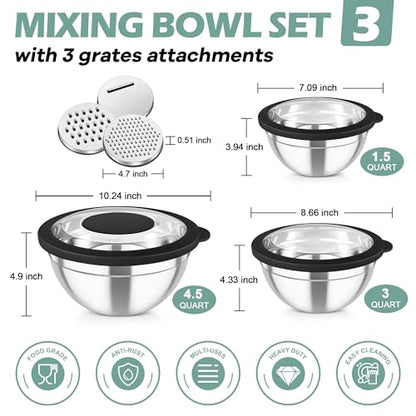 TeamFar Mixing Bowls, 3PCS Stainless Steel Serving Salad Bowls with Lids & 3 Graters, For Kitchen Mixing/Baking/Storing/Prepping, Visible & Airtight, Easy Clean - 4.5/3 / 1.5 QT, Black - color: Black, style: Transparent Airtight Lids