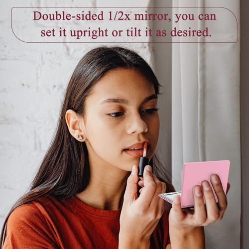 1X/2X Magnifying Compact Mirror with PU Leather, Mini Mirror for Purse, Handbag and Pocket, Pink