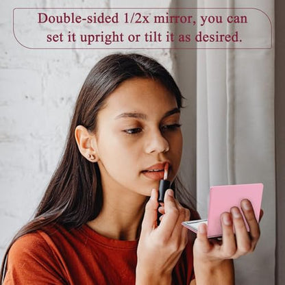1X/2X Magnifying Compact Mirror with PU Leather, Mini Mirror for Purse, Handbag and Pocket, Pink