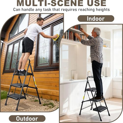Valeo 3 Step Ladder, 3 Step Ladder for Adults with with Safe-Lock Design, Wide Anti-Slip Pedal, 500lbs Sturdy Steel Ladder, Step Stool Foldable with Cushioned Handle,Black - style: 3 Step Ladder