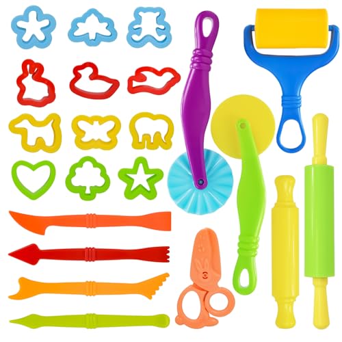 LCY WEDSHI Dough Tool Set, 22 Pcs Dough Tools Sets for Kids Ages 4-8, Dough Accessories Includes Cutters Roller, Rolling Pins, Safety Scissors, Plastic Knife, Animal Shapes Cutters - style: 22pcs