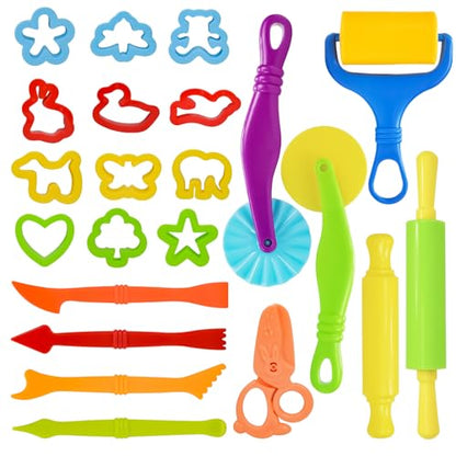 LCY WEDSHI Dough Tool Set, 22 Pcs Dough Tools Sets for Kids Ages 4-8, Dough Accessories Includes Cutters Roller, Rolling Pins, Safety Scissors, Plastic Knife, Animal Shapes Cutters - style: 22pcs