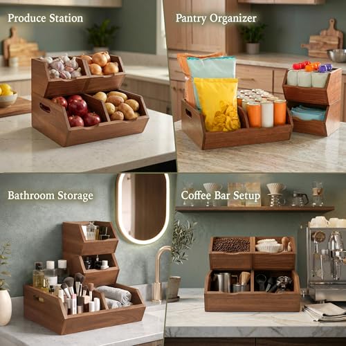 Acacia Wood Potato and Onion Storage Bins Set of 3, Stackable Pantry Organizer Baskets for Kitchen Counter, Open-Front Produce Holder Keeps Vegetables Fresh