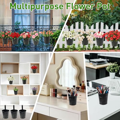 10 Pack Hanging Flower Pots Metal Iron Bucket Planter Railing Planter Flower Holder for Railing Fence Balcony Garden Home Decoration with Detachable Hooks,Black,4 Inches