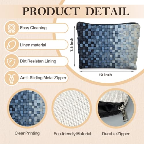 Modern Blue Checkered Makeup Bag, Blue and White Mosaic Checkered Cosmetic Bags for Women, Trendy Preppy Zipper Makeup Pouch - color: Blue Square