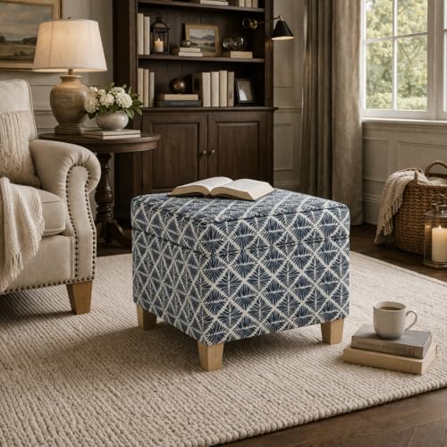 HomePop 18" Classic Square Storage Ottoman - Blue Geometric Pattern - color: Blue Geometric Pattern