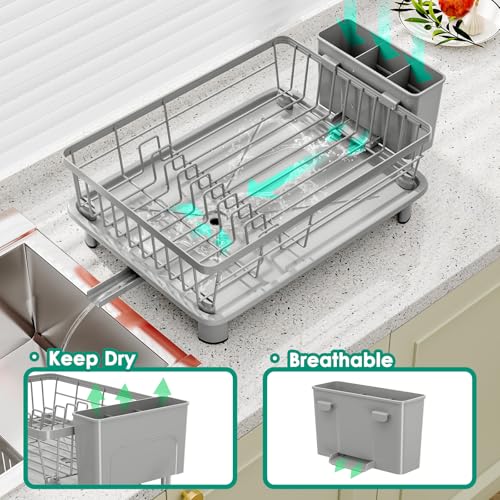 GAOKASE Dish Drying Rack, Stainless Steel-Dish Rack, Dish Racks for Kitchen Counter, Kitchen Dish Drainers with Removable Utensil Holder,New Drain Outlet,Plate Rack and Drainboard,(gray-11 W x 15" L) - color: Gray