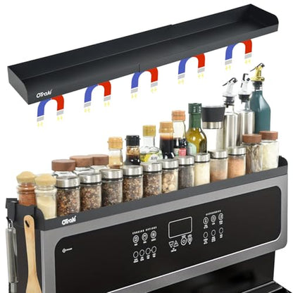 OTraki Magnetic Stove Top Shelf Spice Rack for Stove Adjustable 16-32 inch Stainless Steel Over the Stove Shelf Magnetic Rack Seasoning Organizer with 4 Hook Black