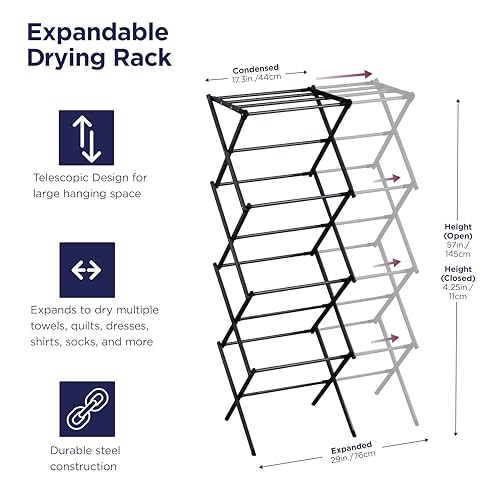 BLACK+DECKER 4-Tier Expandable Collapsible Clothes Drying Rack, Telescopic Height, Foldable Space-Saving Laundry Air Dryer for Towels, Shirts & Delicates – Durable Steel, No Tools Needed - color: Black/Black