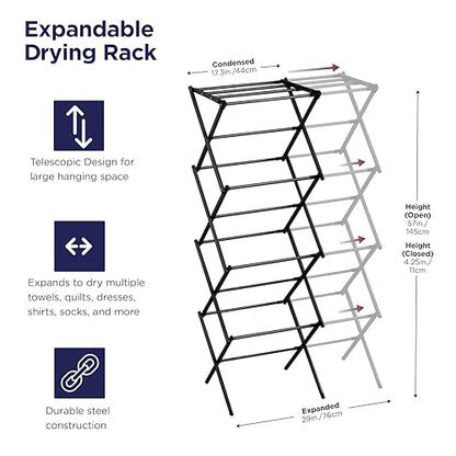 BLACK+DECKER 4-Tier Expandable Collapsible Clothes Drying Rack, Telescopic Height, Foldable Space-Saving Laundry Air Dryer for Towels, Shirts & Delicates – Durable Steel, No Tools Needed - color: Black/Black