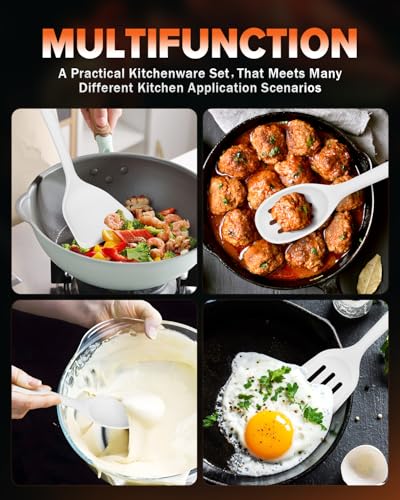 Silicone Cooking Utensils Set, Perfectly Angled for Frying, Mixing,Serving,Draining,Turning and Stirring, BPA-Free Matte Silicone, Wood Handles, Safe for Nonstick Cooking Surfaces,4 Pack (White) - color: White