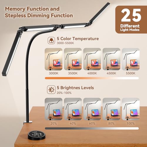 Pzloz Led Desk Lamps for Home Office - Eye Caring Architect Lamp with Clamp, Double Head Computer Monitor Work Desk Light with Remote Control: 24W Flexible Dimmable Desktop Table Lamp - color: Black Plus