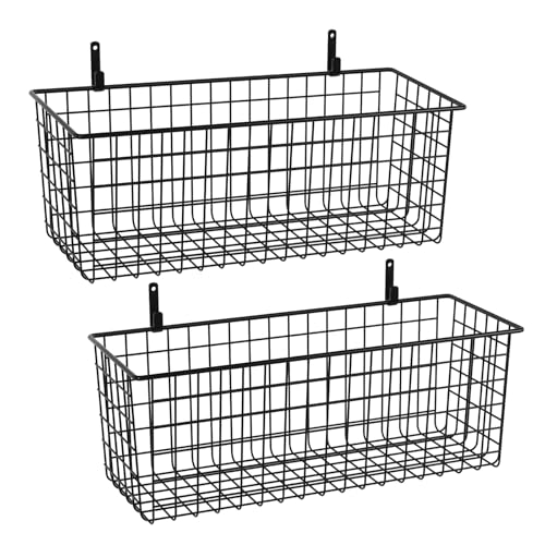 2 Sets Extra Large Hanging Wall Basket, Black Metal Wire Baskets with Steel Hooks for Organizing, WallmountedFruit Vegetable Toy Snack Storage, Home Kitchen Bathroom Laundry Pantry Organizer - color: Black