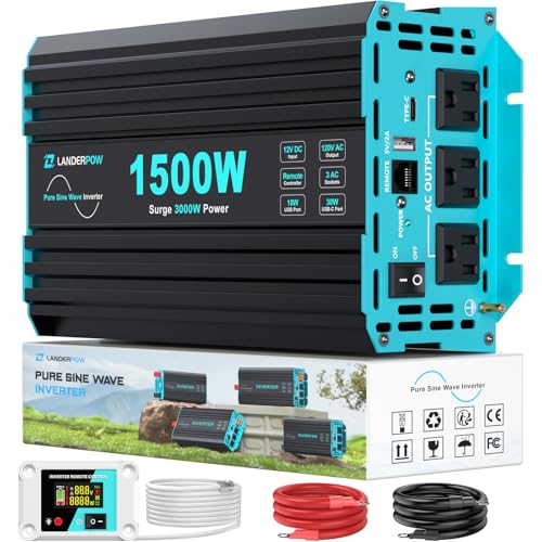 1500 Watt Pure Sine Wave Inverter, 12V DC to 120V AC Inverters for Car, RV, Truck, Home, Camping, Solar Power Inverter with 3 AC Outlet, 30W USB-C, 5V 3.1A USB, Remote Control, Surge 3000W - color: Black+Blue, size: 12V-1500W Pure Sine Wave Inverter