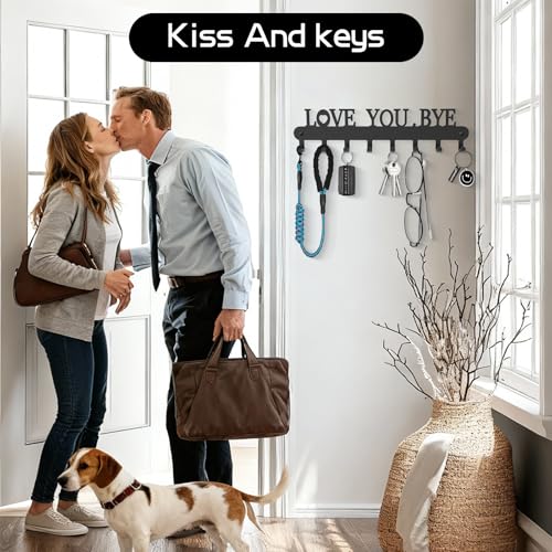 Key Holder for Wall - 'Love You Bye' Key Hooks,Key Holder Wall Mount Self Adhesive, Key Rack Wall Mount for Wall No Drill for Living Room, Kitchen, Bathroom, Garage (White, 6 Hooks) - color: Love You Bye' Black 2p
