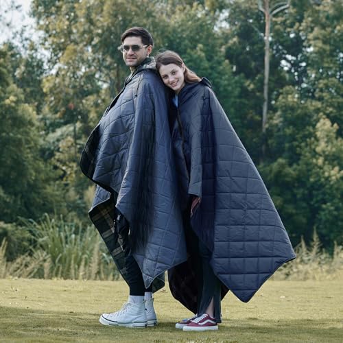 DUKUSEEK Waterproof Camping Blanket with Thick Fleece, Large Outdoor Blanket Windproof with Foldable Hood for Camping Stadium Sporting Events,79"x 58" - color: Dark Blue Outer With Red Plaid Fleece