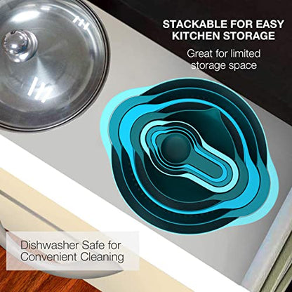 Mixing Bowls-Plastic Nesting Mixing Bowl Set of 8, Kitchen Gadgets for Apartments Space Saving, Including Measuring Cups Sifter Colander, Easy Storage Cooking Baking, Rv Camper Accessories, No BPA - color: Blue Cyan