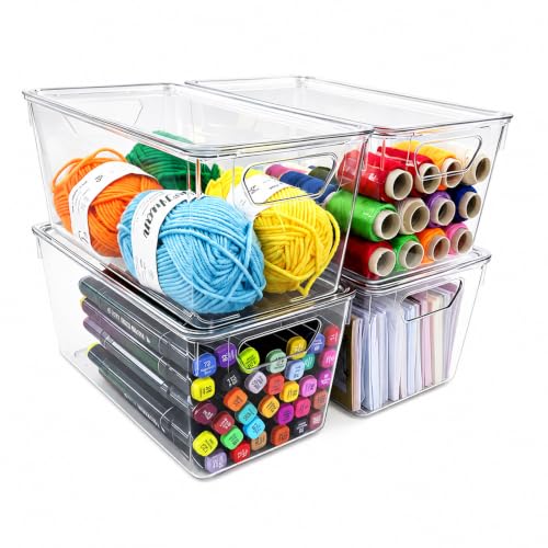 4 Pack Clear Small Storage Bins with Lids, Arts Supplies Storage and Craft Storage Containers, Stackable Acrylic Plastic Storage Bins for Craft Organizers and Storage, Fridge, Cabinet, Closet - size: 4pc