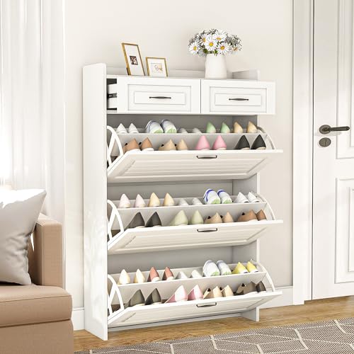 Vibe & Dine Narrow Shoe Organizer Cabinet with 3 Large Flip Drawers & 2 Storage Drawers - Slim Shoe Storage for Entryway, Hallway, Bedroom - color: White, size: Large