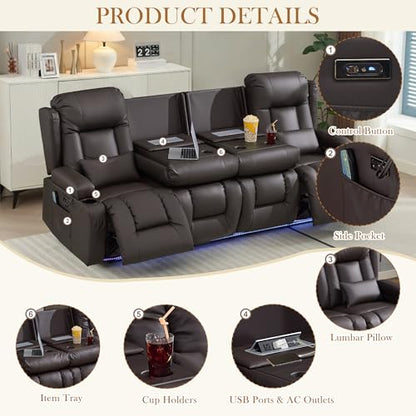 TUNYI Power Loveseat Recliner Sofa with Massage & Heat Home Theater Seating with Console RV Recliner Loveseat Sofa with USB/Storage/Side Pocket/LED Light/Speaker (Brown, 4 Seat) - color: Brown, size: 4 Seat